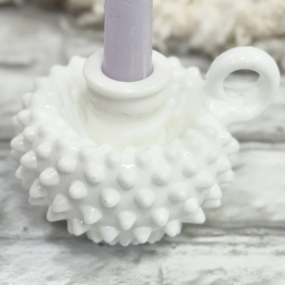 Vtg Fenton Hobnail White Milk Glass Single Finger Loop Handle Candle‎ Holder Set